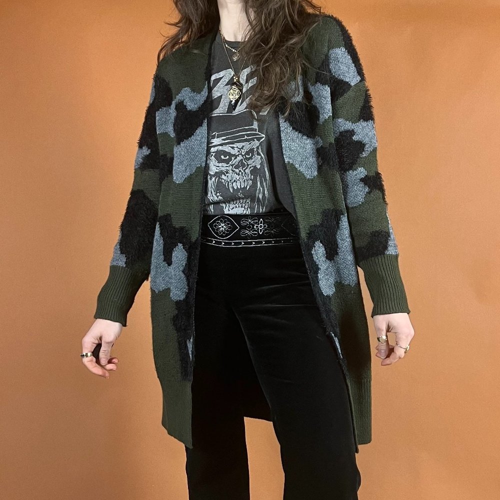 Fuzzy Camo Printed Open Long Cardigan Sweater - Grunge, 90s, 00s - Size XS